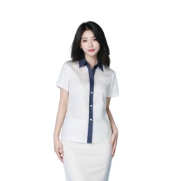 【訂製白色短袖拼接襯衫】|深藍翻領設計|正面深藍拼接門襟|荷葉邊裝飾|直筒下擺|襯衫專門店  R452 【訂製白色短袖拼接襯衫】|深藍翻領設計|正面深藍拼接門襟|荷葉邊裝飾|直筒下擺|襯衫專門店  R452